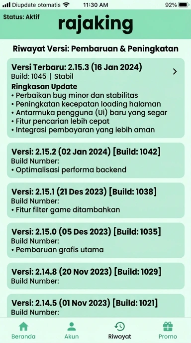 Tampilan riwayat versi rajaking